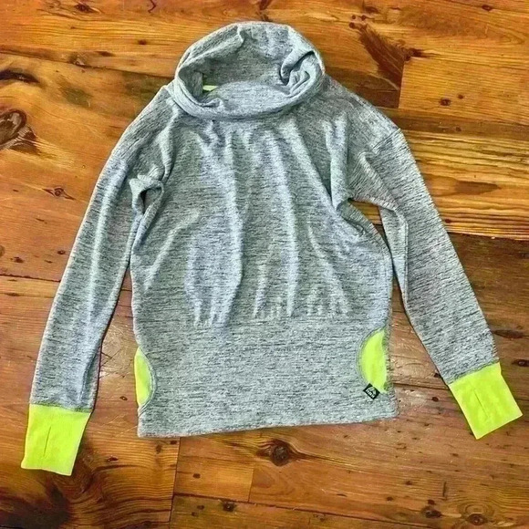 RBX Womens Gray  Fluorescent Yellow Turtleneck Sweatshirt Kangaroo Pocket Size S - Picture 2 of 6